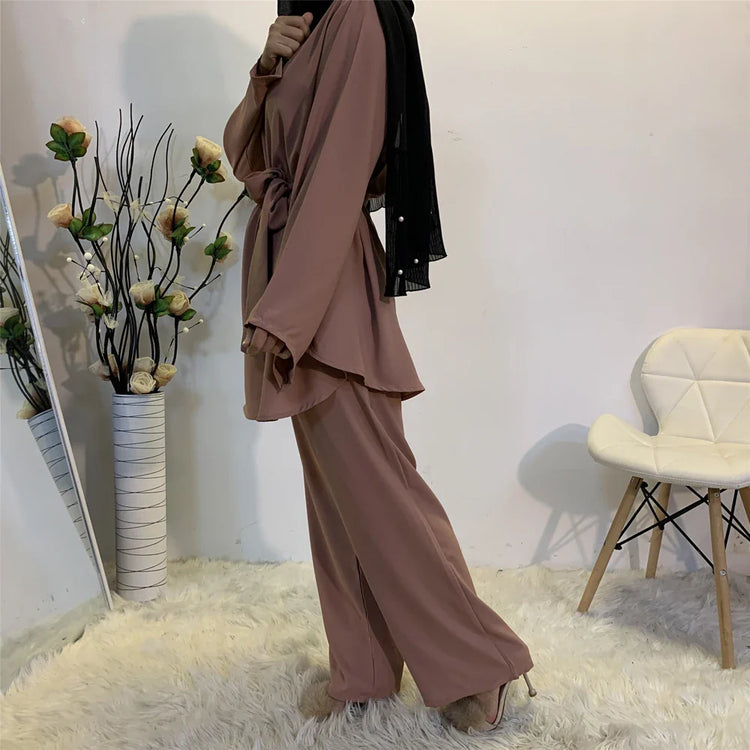 Two-piece Sets Eid Mubarak Women Abaya Turkey Hijab Muslim Dress Caftan Kaftan Islam Clothing Loose Wide Leg Pants Arab Outfits