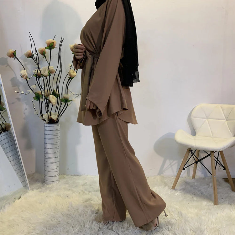 Two-piece Sets Eid Mubarak Women Abaya Turkey Hijab Muslim Dress Caftan Kaftan Islam Clothing Loose Wide Leg Pants Arab Outfits