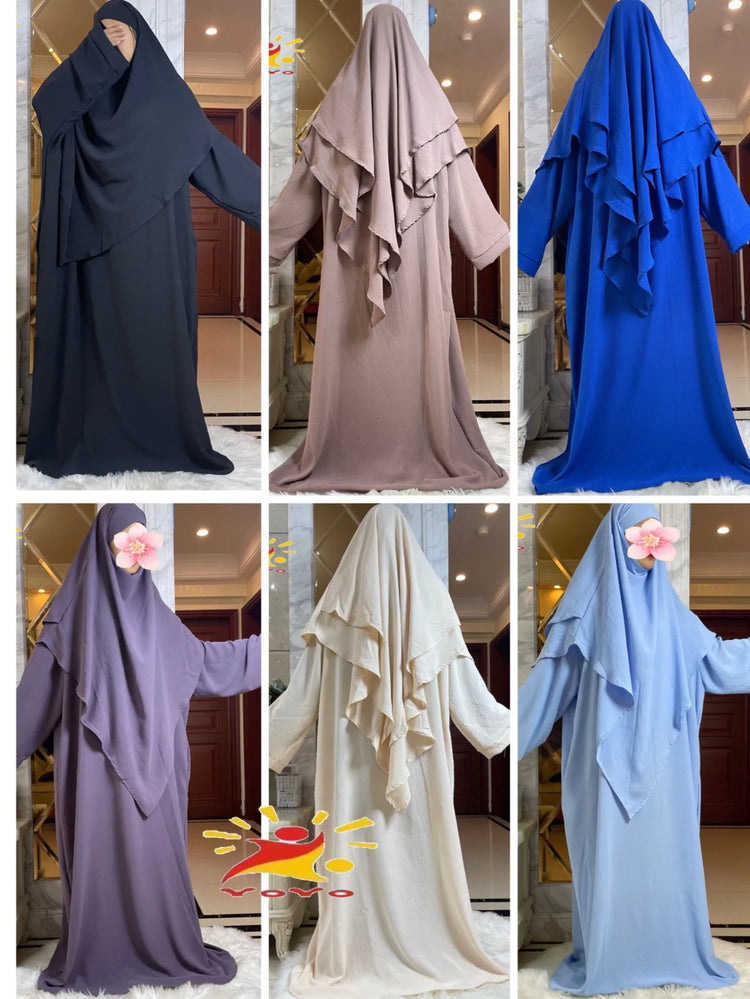 2025 Prayer Clothes Women Ramadan Islamic Jilbeb 2 Piece Set Dubai Turkish Modest Outfit Layered Khimar Scarf Hijab+Long Dress
