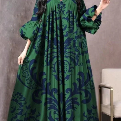 Vintage Printed Dress Women Breathable Loose Middle Eastern Robe Casual Long Sleeve Abaya V-neck Loose Muslim Abayas for Women