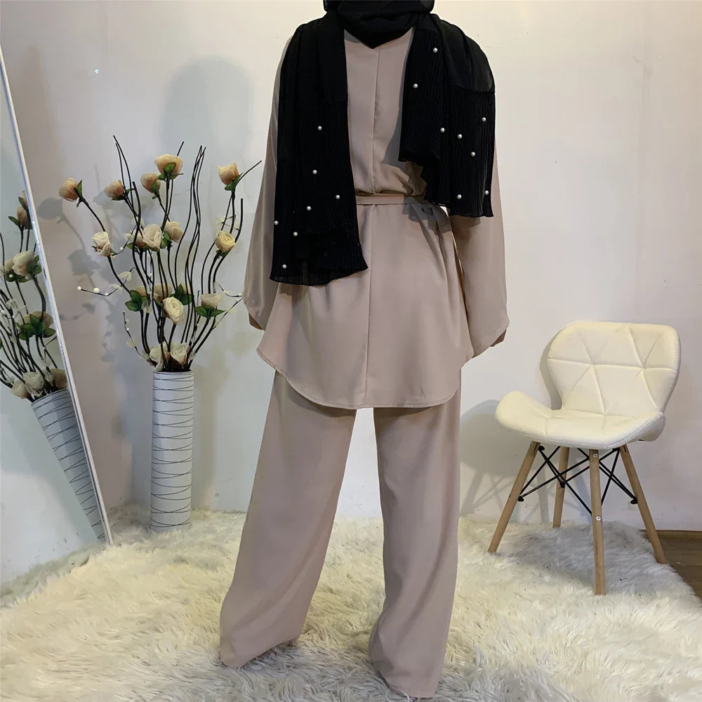 Two-piece Sets Eid Mubarak Women Abaya Turkey Hijab Muslim Dress Caftan Kaftan Islam Clothing Loose Wide Leg Pants Arab Outfits