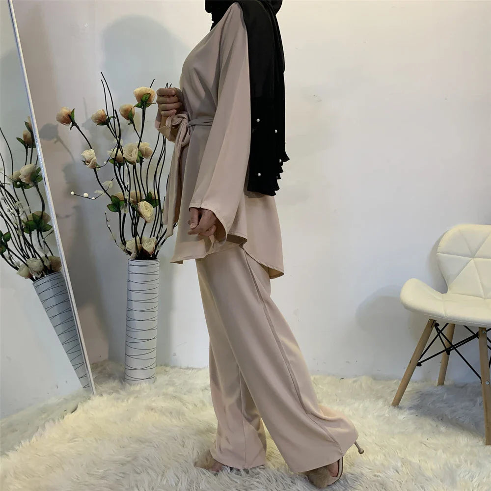 Two-piece Sets Eid Mubarak Women Abaya Turkey Hijab Muslim Dress Caftan Kaftan Islam Clothing Loose Wide Leg Pants Arab Outfits