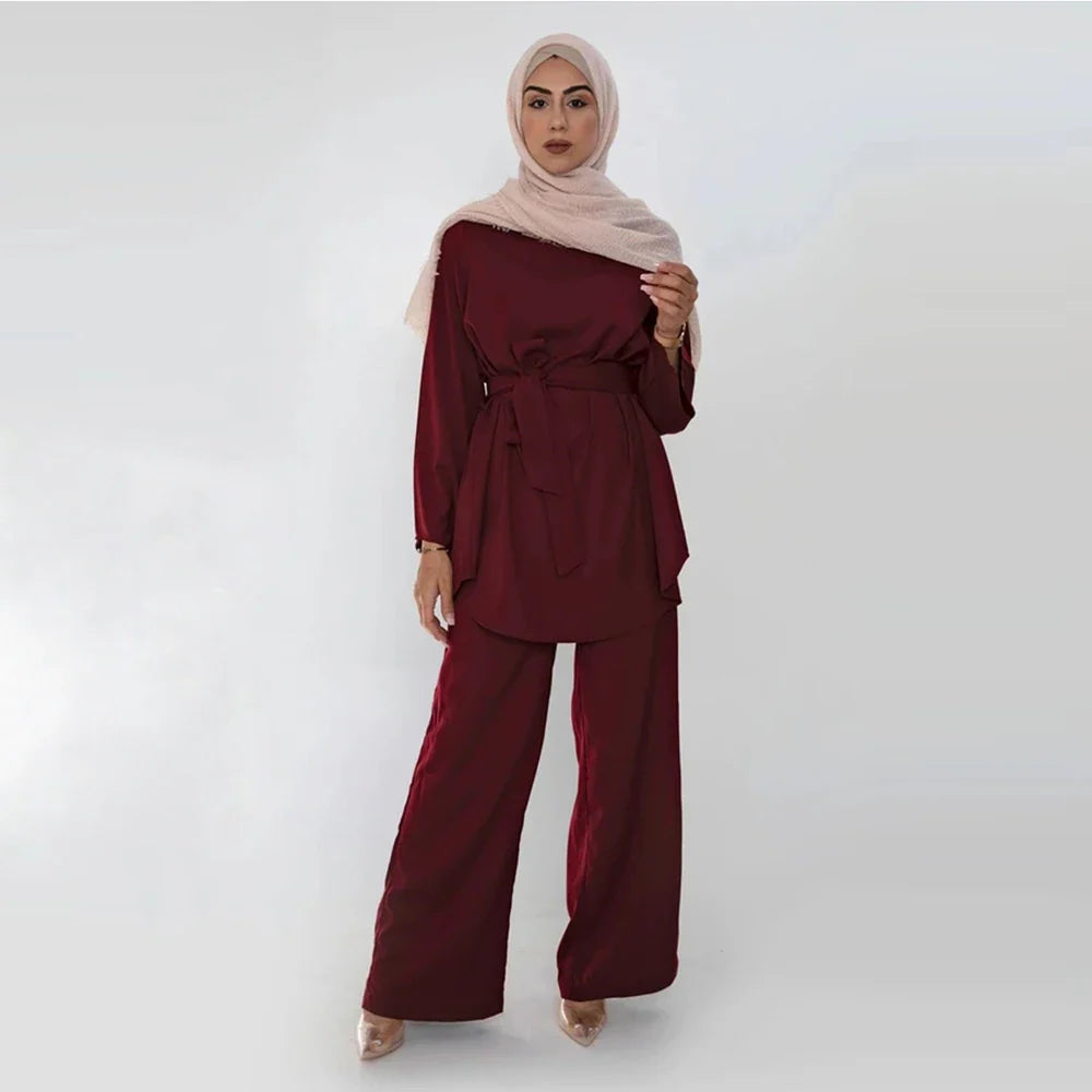 Two-piece Sets Eid Mubarak Women Abaya Turkey Hijab Muslim Dress Caftan Kaftan Islam Clothing Loose Wide Leg Pants Arab Outfits