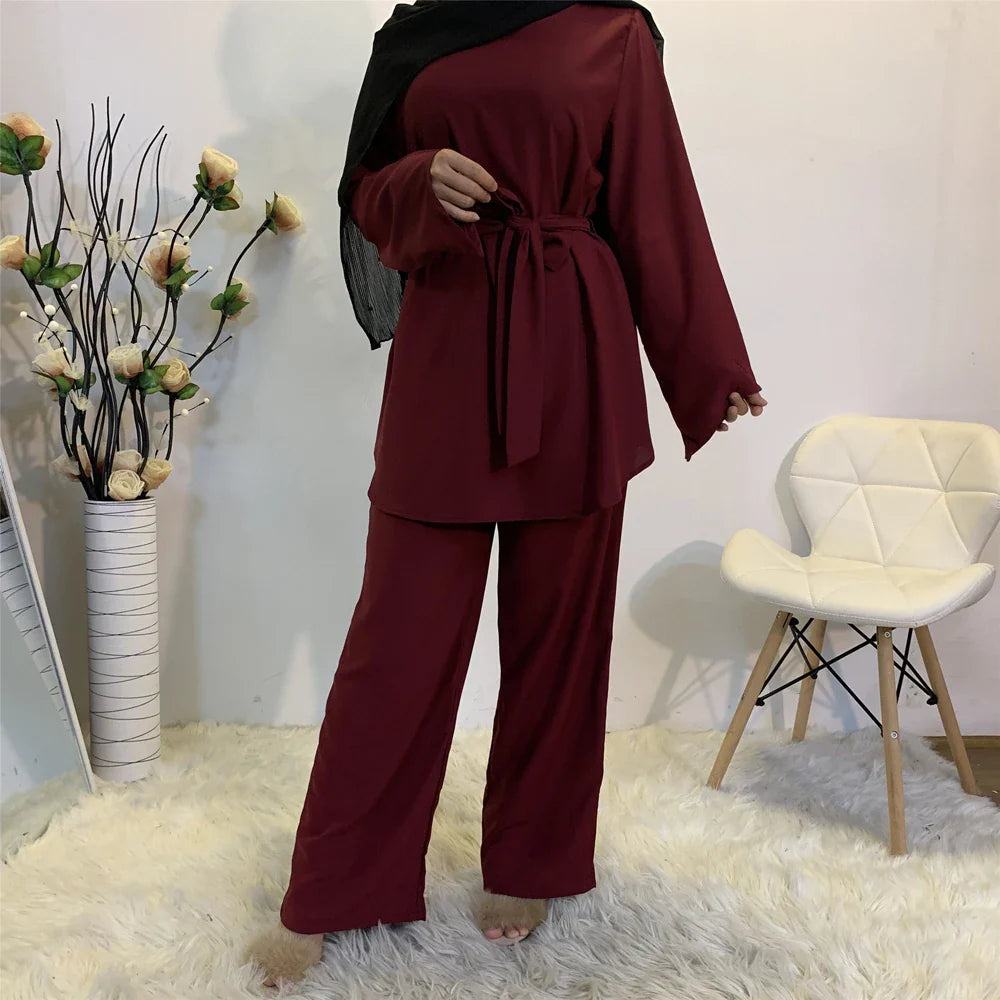 Two-piece Sets Eid Mubarak Women Abaya Turkey Hijab Muslim Dress Caftan Kaftan Islam Clothing Loose Wide Leg Pants Arab Outfits