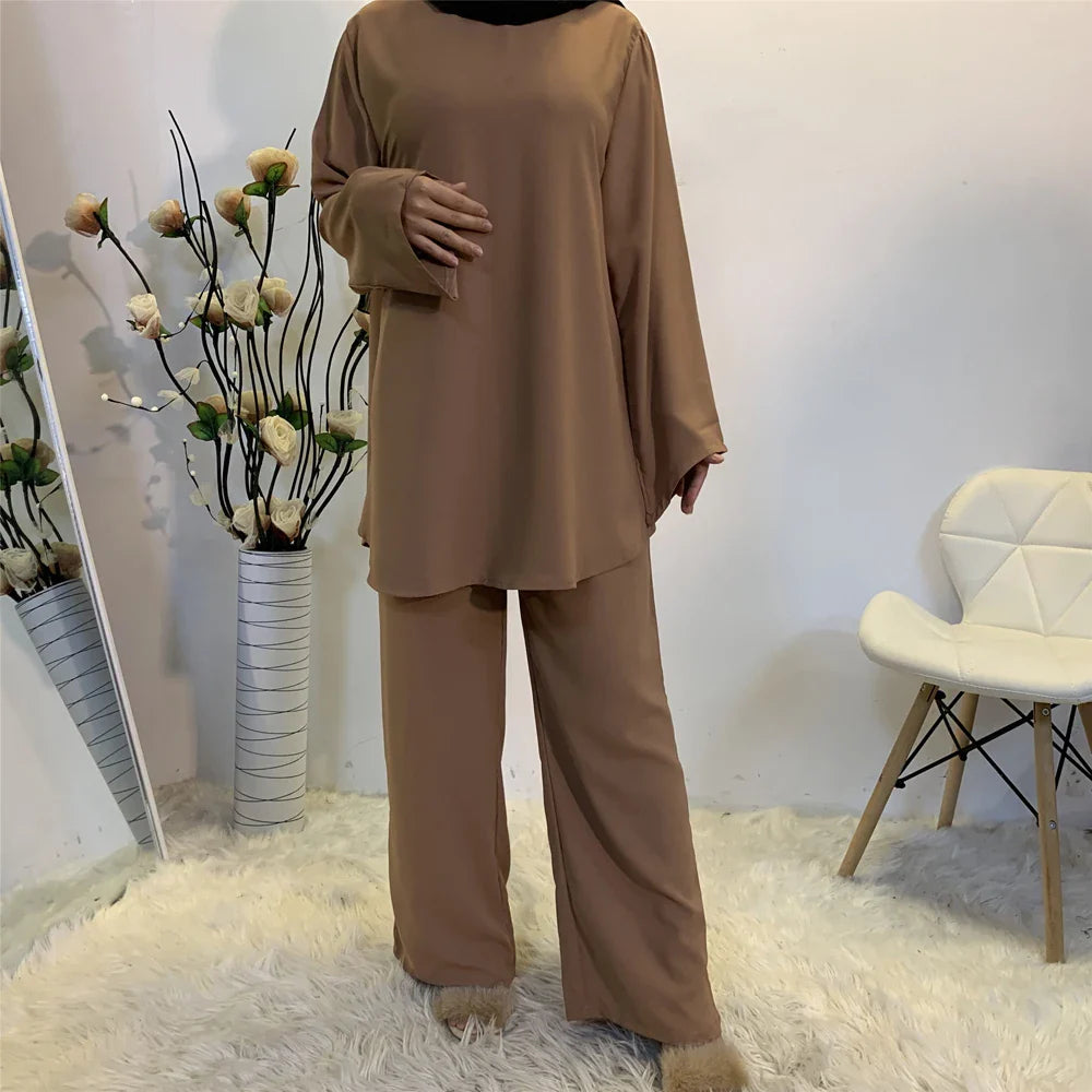 Two-piece Sets Eid Mubarak Women Abaya Turkey Hijab Muslim Dress Caftan Kaftan Islam Clothing Loose Wide Leg Pants Arab Outfits