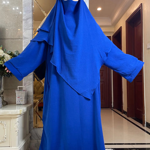 2025 Prayer Clothes Women Ramadan Islamic Jilbeb 2 Piece Set Dubai Turkish Modest Outfit Layered Khimar Scarf Hijab+Long Dress