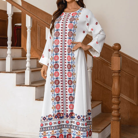 National Style Muslim Dress Women Printed Beads Elegant O-neck Dress for Women Fashion Vintage Long Sleeve Abaya Dubai Female