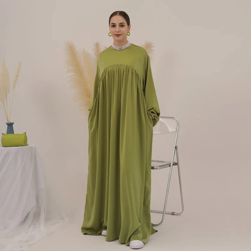 Satin Abaya for Women Shimmer Lantern Sleeve Islamic Hijab Robe Dubai Turkey Modest Outfit Kaftan Ramadan Muslim Long Dress