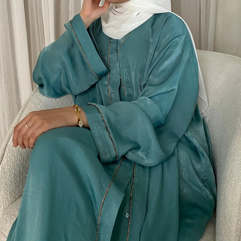 Long Loose Embroider White Open Kimono Abayas Kaftan Turkey Solid Color Islamic Green Abaya Dubai Luxury Women Prayer Clothing