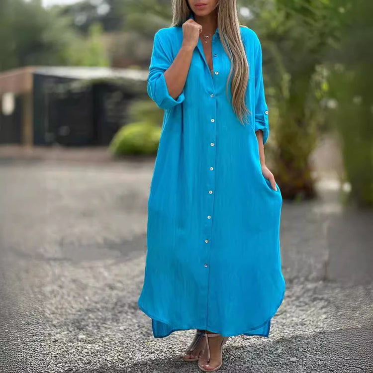 Elegant Women's Blue Cotton Linen Shirt Dress - Button-Up, Long Sleeve, Casual Cardigan Style