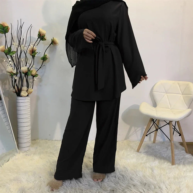 Two-piece Sets Eid Mubarak Women Abaya Turkey Hijab Muslim Dress Caftan Kaftan Islam Clothing Loose Wide Leg Pants Arab Outfits