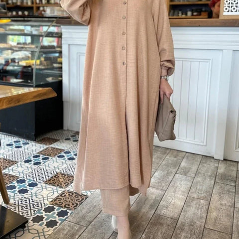 Muslim Dress for Women Blouse 2 Piece Set Long Sleeve Abaya Shirt Wide Leg Pant Suits Arabic Dubai Dresses Musulman Ensembles