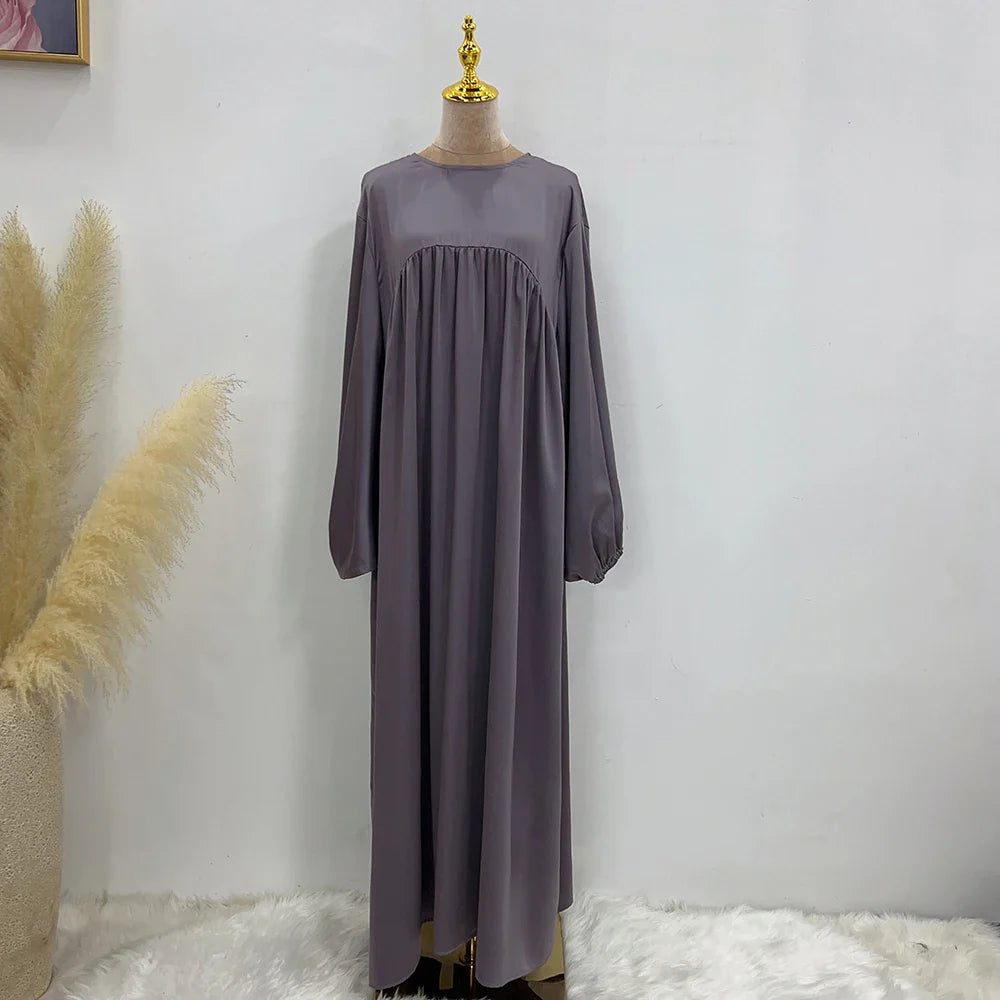 Satin Abaya for Women Shimmer Lantern Sleeve Islamic Hijab Robe Dubai Turkey Modest Outfit Kaftan Ramadan Muslim Long Dress