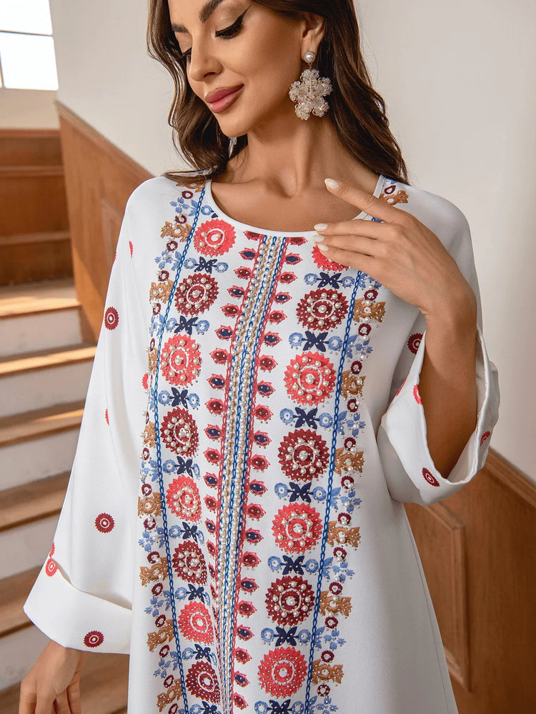 National Style Muslim Dress Women Printed Beads Elegant O-neck Dress for Women Fashion Vintage Long Sleeve Abaya Dubai Female