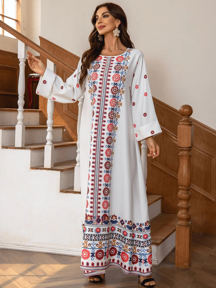 National Style Muslim Dress Women Printed Beads Elegant O-neck Dress for Women Fashion Vintage Long Sleeve Abaya Dubai Female