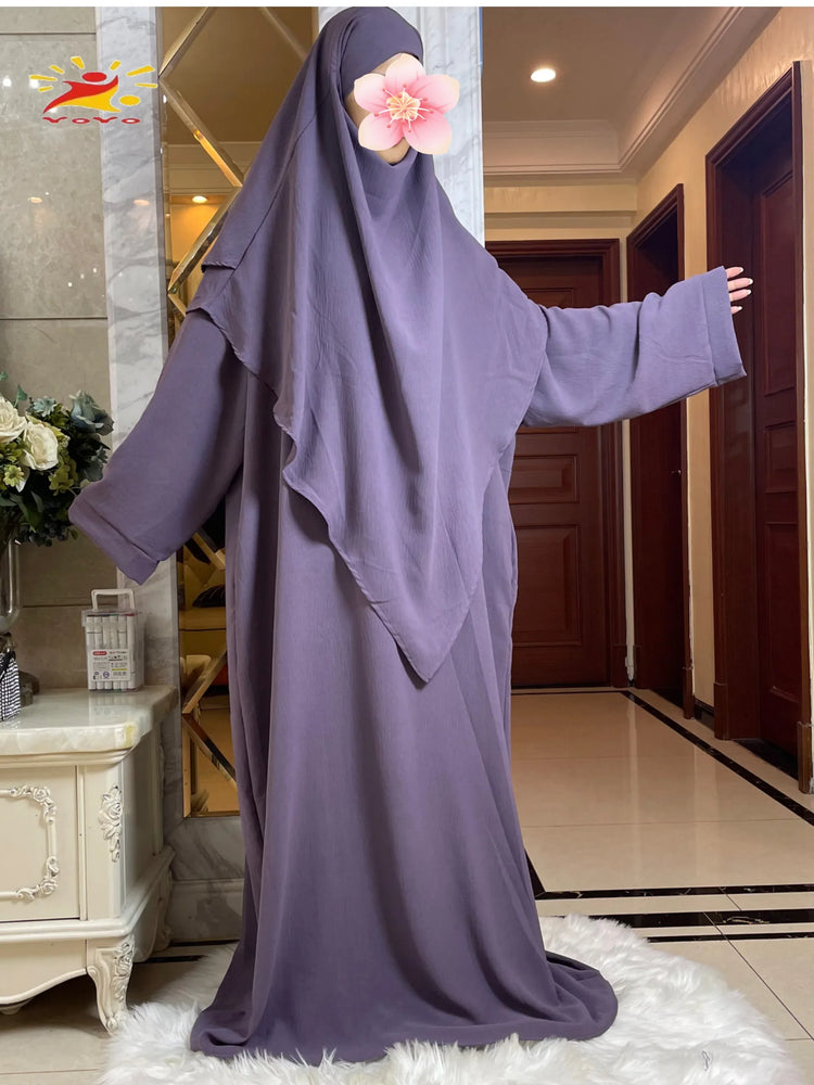 2025 Prayer Clothes Women Ramadan Islamic Jilbeb 2 Piece Set Dubai Turkish Modest Outfit Layered Khimar Scarf Hijab+Long Dress